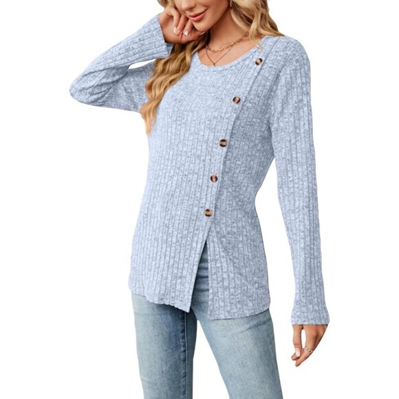 Women Long Sleeve Lightweight Tunic Sweater Fashion Button Side Slit - Picture 3 of 5